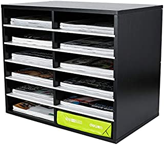 PAG Wood Desktop Literature Organizer Adjustable File Sorter Mail Center Magazine Holder Paper Storage Cabinet Classroom Keepers Mailbox for Office Home School, 12 Compartments, Black&White