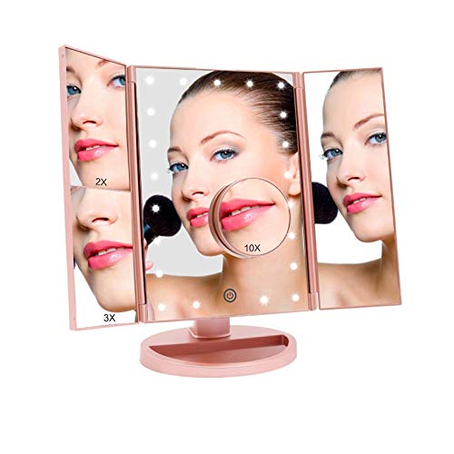 FASCINATE Lighted Makeup Mirror, Trifold Vanity Mirror with Lights and 2X/3X/10X Magnification, 21 LED Touch Screen Dimming, Dual Power Supply, 180° Rotation Illuminated Light Up Mirror (Rose Gold)