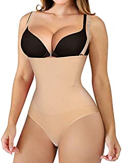 Nebility Women Waist Trainer Shapewear Thong Bodysuit Seamless Tummy Control Panty Faja Open Bust Body Shaper (XL/2XL, Beige)