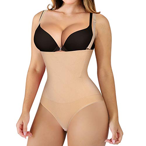 Nebility Women Waist Trainer Shapewear Thong Bodysuit Seamless Tummy Control Panty Faja Open Bust Body Shaper (XL/2XL, Beige)