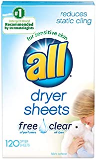 All Fabric Softener Dryer Sheets for Sensitive Skin, Free Clear, 120 Count