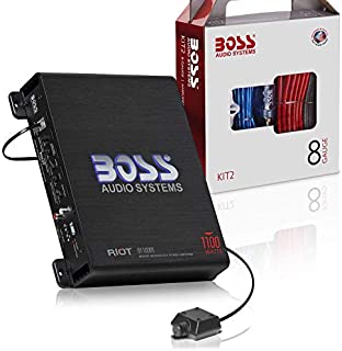 BOSS Audio Systems R1100MK Car Amplifier and 8 Gauge Wiring Kit - 1100 Watts Max Power, 2-4 Ohm Stable, Class A/B, Monoblock, Mosfet Power Supply, Remote Subwoofer Control