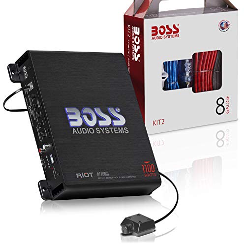 BOSS Audio Systems R1100MK Car Amplifier and 8 Gauge Wiring Kit - 1100 Watts Max Power, 2-4 Ohm Stable, Class A/B, Monoblock, Mosfet Power Supply, Remote Subwoofer Control