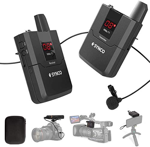 SYNCO WMic-T1 Wireless Lavalier Microphone System for Camera and Smartphone, 16 Channel with One Transmitter and One Receiver, Max 50m Transmission Range