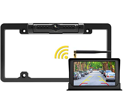 FOOKOO 2ND Wireless Backup Camera with 5 inch HD Monitor License Plate Backup Camera with Frame for Car SUV Truck Pickup Rear View Camera with Parking Lines IP69K Waterproof