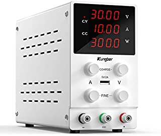 Kungber DC Power Supply Variable, 30V 10A Adjustable Switching Regulated DC Bench Linear Power Supply with 4-Digits LED Power Display 5V2A USB Output, Coarse and Fine Adjustments with Alligator Leads