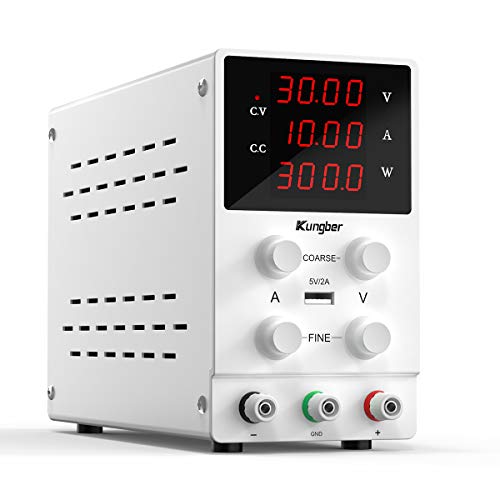 Kungber DC Power Supply Variable, 30V 10A Adjustable Switching Regulated DC Bench Linear Power Supply with 4-Digits LED Power Display 5V2A USB Output, Coarse and Fine Adjustments with Alligator Leads