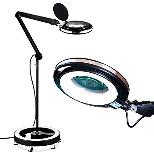 Brightech LightView Pro 6 Wheel Rolling Base Magnifying Floor Lamp - Magnifier with Bright LED Light for Facials, Lash Extensions - Standing Mag Lamp for Sewing, Cross Stitch, Crafts