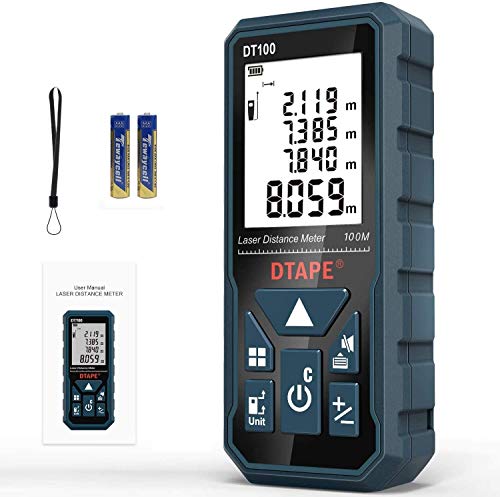 Laser Measure, DTAPE 328 Feet Digital Laser Tape Measure M/In/Ft Unit switching Backlit LCD and Pythagorean Mode, Measure Distance, Area and Volume - Hand Strap and Battery Included DT100