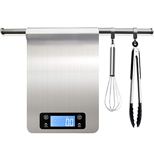 Digital Food Scale with Brushed Metal, Kitchen Scale Pounds and ounces, Smart Scale Stainless Steel hanging, Precise to 1g/0.01oz for Jewelry, Shipping, Cooking, Baking and Dieting, Larger Workspace