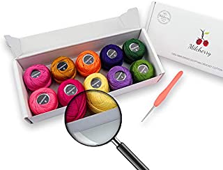 MILCHERRY Crochet Thread Set of 10 Multicolored Cotton Thread with Crochet Hook - Cotton Ball Size 8, 5 Grams, 43 Yards Cotton Yarn for Crochet Embroidery Thread, 100% Mercerized Egyptian Cotton