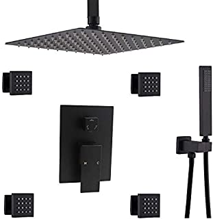 Enga Luxury Bathroom Matte Black 3 Way Shower Combo Set Ceiling Mount 12 Inch Rainfall Shower Head System, Include Faucet Mixer Valve and Hand Shower and Body Jet