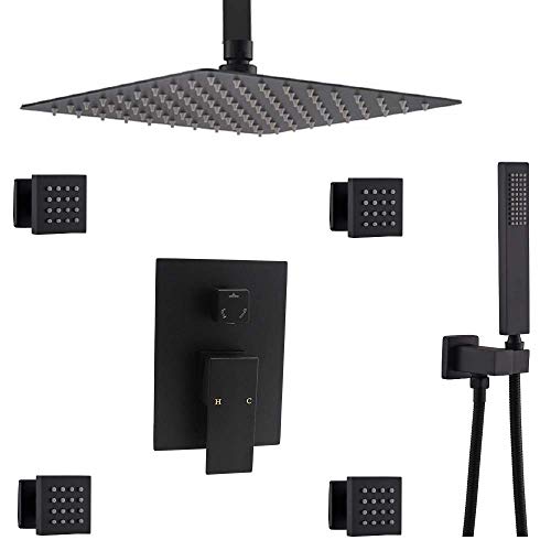 Enga Luxury Bathroom Matte Black 3 Way Shower Combo Set Ceiling Mount 12 Inch Rainfall Shower Head System, Include Faucet Mixer Valve and Hand Shower and Body Jet