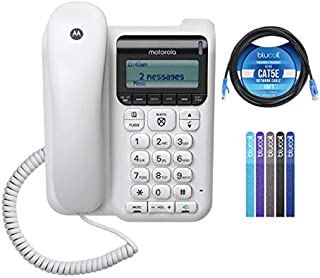 Motorola CT610 Corded Telephone with Answering Machine & Call Blocking Bundle with 10-FT 1 Gbps Cat5e Cable, and Blucoil 5-Pack of Reusable Cable Ties