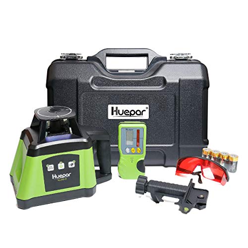 Huepar Electronic Self-Leveling Rotary Laser Level Kit -360 Horizontal Laser Beam Interior/Exterior Rotating Laser Level Tool, Receiver, Protective Glasses, Alkaline Battery, Hard Case Kit RL200HR