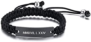 MEALGUET Personalized Black Stainless Steel ID Plate Bracelets Custom Engraving Handmade Braided Rope Wrist Bangle for Men Women