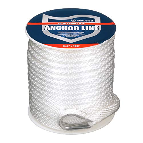 Attwood 11724-1 Solid Braid MFP Anchor Line with Thimble (White, 3/8-Inch x 100-Feet)