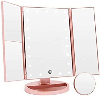 Makeup Vanity Mirror with 21 LED Lights, COSMIRROR Trifold Lighted Makeup Mirror with 1X/2X/3X/10X Magnification and Touch Screen, 180 Degree Rotation, Dual Power Supply Light Up Mirror (Rose Gold)