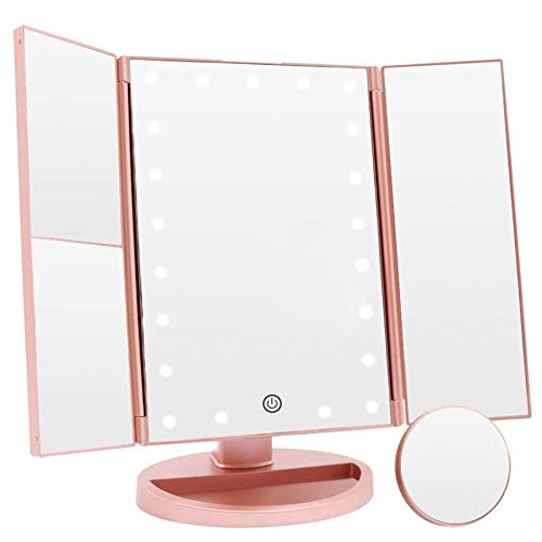 Makeup Vanity Mirror with 21 LED Lights, COSMIRROR Trifold Lighted Makeup Mirror with 1X/2X/3X/10X Magnification and Touch Screen, 180 Degree Rotation, Dual Power Supply Light Up Mirror (Rose Gold)