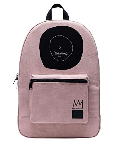 Herschel Jean-Michel Basquiat Now Is The Time Women Backpack Ash Rose 100% Enzyme Washed Cotton Canvas Front Storage Pocket With Organizers and Key Clip Slim Cotton Webbing Shoulder Straps