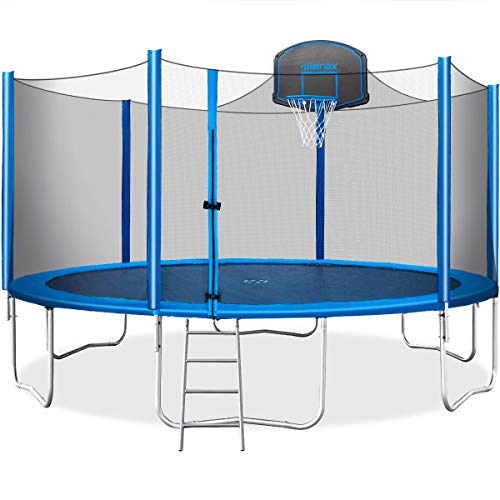 Merax 15 FT Trampoline with Safety Enclosure Net, Basketball Hoop and Ladder - 2020 Upgraded  Kids Basketball Trampoline (Blue)