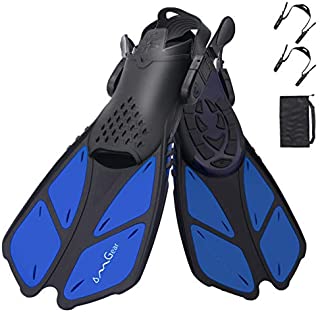 OMGear Swim Fins Snorkel Fins Short Diving Fins Swim Flippers Open Heel with Mesh Bag for Lap Swimming Snorkeling Diving Adult Men Women Kids Travel Size(Blue, L/XL (Adult US Size 9-13))