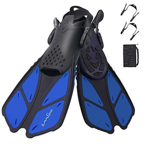 OMGear Swim Fins Snorkel Fins Short Diving Fins Swim Flippers Open Heel with Mesh Bag for Lap Swimming Snorkeling Diving Adult Men Women Kids Travel Size(Blue, L/XL (Adult US Size 9-13))