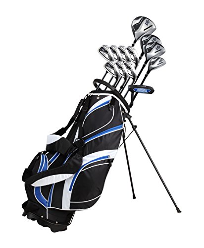 18 Piece Men's Complete Golf Club Package Set With Titanium Driver, #3 & #5 Fairway Woods, #4 Hybrid, 5-SW Irons, Putter, Stand Bag, 4 H/C's (Blue, Tall Size +1