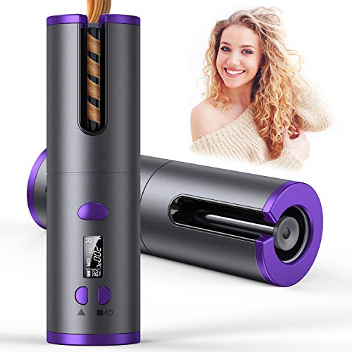 Cordless Auto Curler, Fast Heating Ceramic Barrel with Adjustable Temperature &Timer, Portable LCD Display & USB Rechargeable Anti-Tangle Hair Curling Wand for Travel - Purple