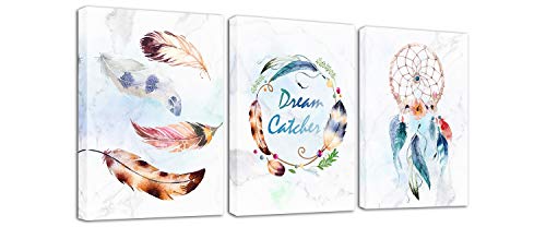 Rtriel Feather Canvas Wall Art Minimalist White Modern Watercolor Feather Prints Nordic Dream Catcher Pictures for Living Room Bedroom Home Decor 12 x 16 Inches 3 Pieces