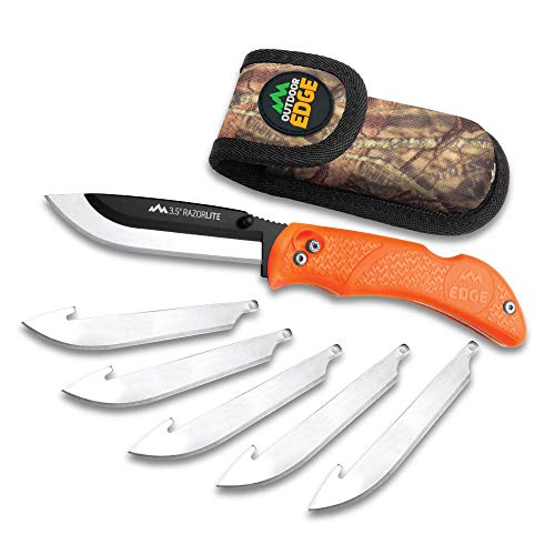 Outdoor Edge RazorLite - Replaceable Blade Folding Hunting Knife with Rubberized Nonslip TPR Handle, 6-Blades and Nylon Belt Sheath (Orange)