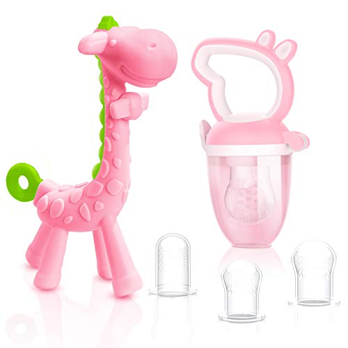 SHARE&CARE Baby Teething Toys and Natural Organic Food Feeder Pacifier/Baby Teether Chew Toys Fresh Fruit Feeding/ 1 Teether and 1 Feeder with 3 Silicone Sacs (Pink)