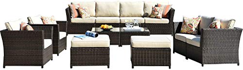 ovios Patio Furniture Set, Backyard Sofa Outdoor Furniture,PE Rattan Wicker sectional with Pillows and Coffee Table, No Assembly Required (Beige)