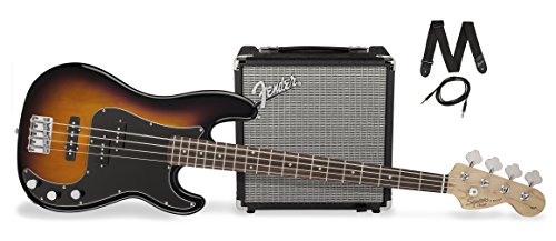 Squier by Fender PJ Electric Bass Guitar Beginner Pack with Rumble 15 Amplifier - Brown Sunburst Finish