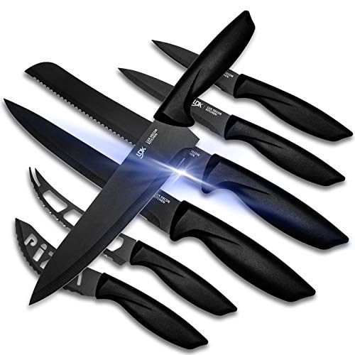 Kitchen Knife Set -Kitchen Knives - 7 Pieces Stainless Steel Black Kitchen Knives for Chefs, Beginners and Professionals - Sharp, Scratch Resistant And Rust Proof - Knife Set Black