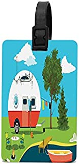 Mrsangelalouise Cartoon Fishing Trip Scene Caravan Boat Fire Pit Camping Table Laundry Line Custom Luggage Tag Baggage Identiffication Tag Unique ID Tag