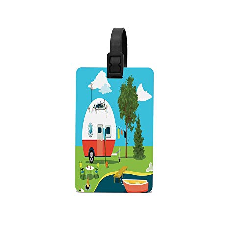 Mrsangelalouise Cartoon Fishing Trip Scene Caravan Boat Fire Pit Camping Table Laundry Line Custom Luggage Tag Baggage Identiffication Tag Unique ID Tag