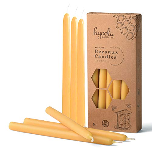 Hyoola 9 Inch Beeswax Taper Candles 12 Pack  Handmade, All Natural, 100% Pure Unscented Bee Wax Candle - Tall, Decorative, Golden Yellow  5 Hour Burn Time