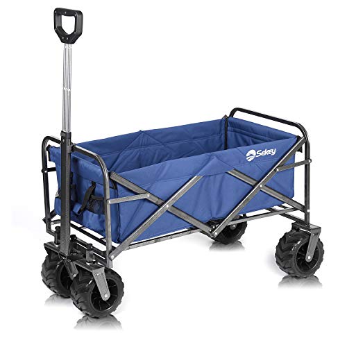 Sekey Folding Wagon Cart Collapsible Outdoor Utility Wagon Heavy Duty Beach Wagon with All-Terrain Wheels, 176 Pound Capacity, Blue