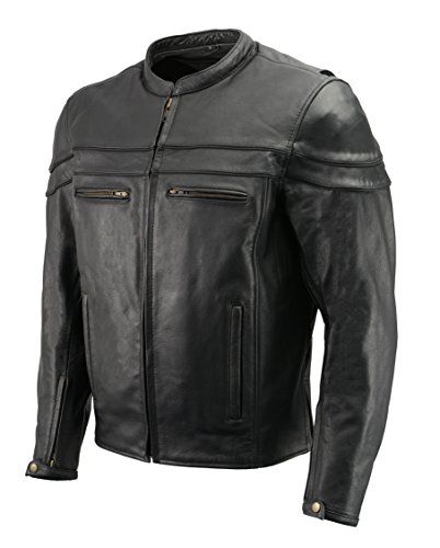 Mens Leather Crossover Scooter Jacket w/Removable CE Armor | Premium Natural Buffalo Leather | Concealed Gun Pockets, Vented Motorcycle Jacket (Black, XL)