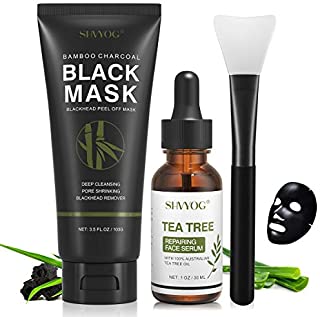 Blackhead Peel Off Face Mask, SHVYOG 3-in-1 Blackhead Remover Charcoal Face Mask with Brush & Tea Tree Serum, Purifying & Deep Cleansing Black Mask for Blackheads, Dirt, Acne, Pores Shrinking (100g+30ml)