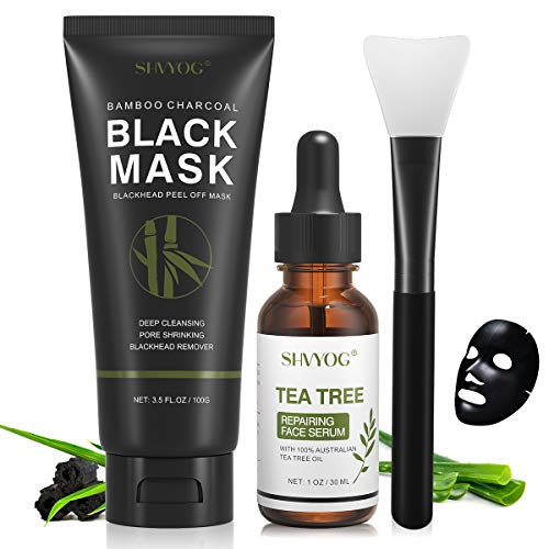 Blackhead Peel Off Face Mask, SHVYOG 3-in-1 Blackhead Remover Charcoal Face Mask with Brush & Tea Tree Serum, Purifying & Deep Cleansing Black Mask for Blackheads, Dirt, Acne, Pores Shrinking (100g+30ml)