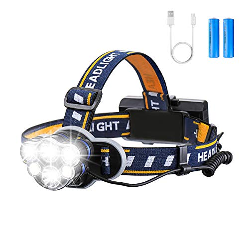 Rechargeable Headlamp, OUTERDO 6 LED 8 Modes USB Rechargeable HeadLight with 2 Batteries, Waterproof LED Head Torch Rechargeable Headlamp Flashlight for Camping,Cellar,Outdoors