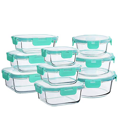 Bayco Glass Food Storage Containers with Lids, [18 Piece] Glass Meal Prep Containers, Airtight Glass Lunch Bento Boxes, BPA-Free & Leak Proof (9 lids & 9 Containers)