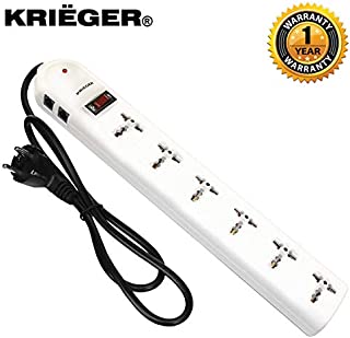 KRIEGER Universal Power Strip AC 220-240V Surge Protector With Heavy Duty German Schuko Plug For Computer, Printers, 6 Universal AC Outlets - Type E/F