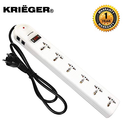 KRIEGER Universal Power Strip AC 220-240V Surge Protector With Heavy Duty German Schuko Plug For Computer, Printers, 6 Universal AC Outlets - Type E/F