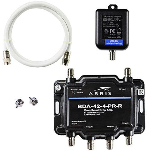 Arris 4-Port Bi-Directional Cable TV, OTA, Satellite HDTV Amplifier Splitter Signal Booster with Passive Return And Coax Cable Package - cableTVamps