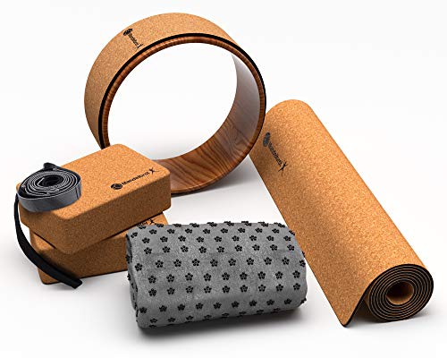 Yoga Mat, Towel, Blocks, Strap Complete 8 Piece Set | Heat Activated Non-Slip Cork by Mandelbrot - Perfect for Hot Yoga, Bikram, and Pilates