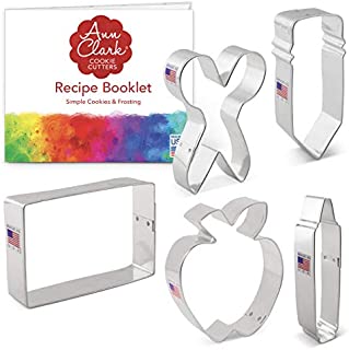 Ann Clark Cookie Cutters 5-Piece Back to School and Teacher Appreciation Cookie Cutter Set with Recipe Booklet, Pencil, Scissors, Apple, Crayon, Rectangle