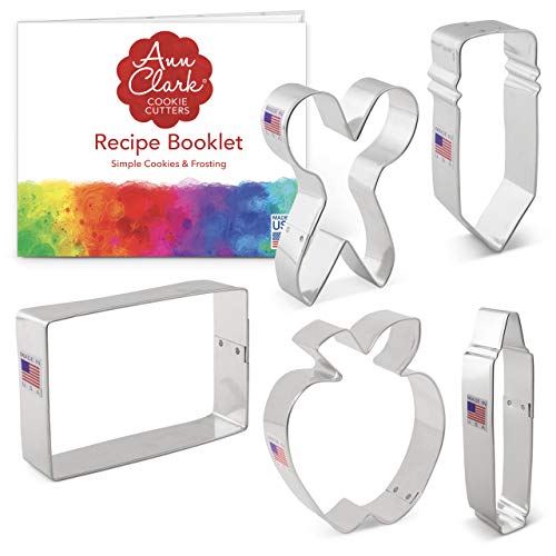 Ann Clark Cookie Cutters 5-Piece Back to School and Teacher Appreciation Cookie Cutter Set with Recipe Booklet, Pencil, Scissors, Apple, Crayon, Rectangle